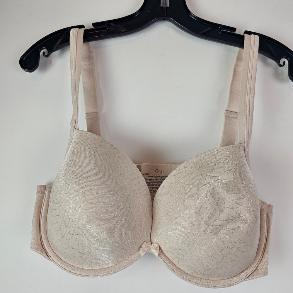 Olga No Side Effects Underwire Bra 38D Beige Jacquard Leaf 35177